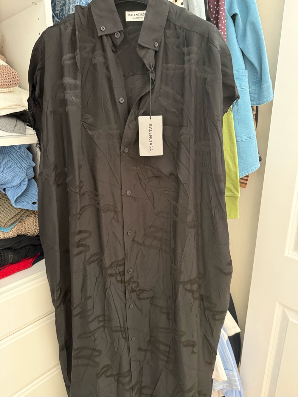 Balenciaga handwritten logo maniac Black Satin Button-Down Shirt Dress NWT